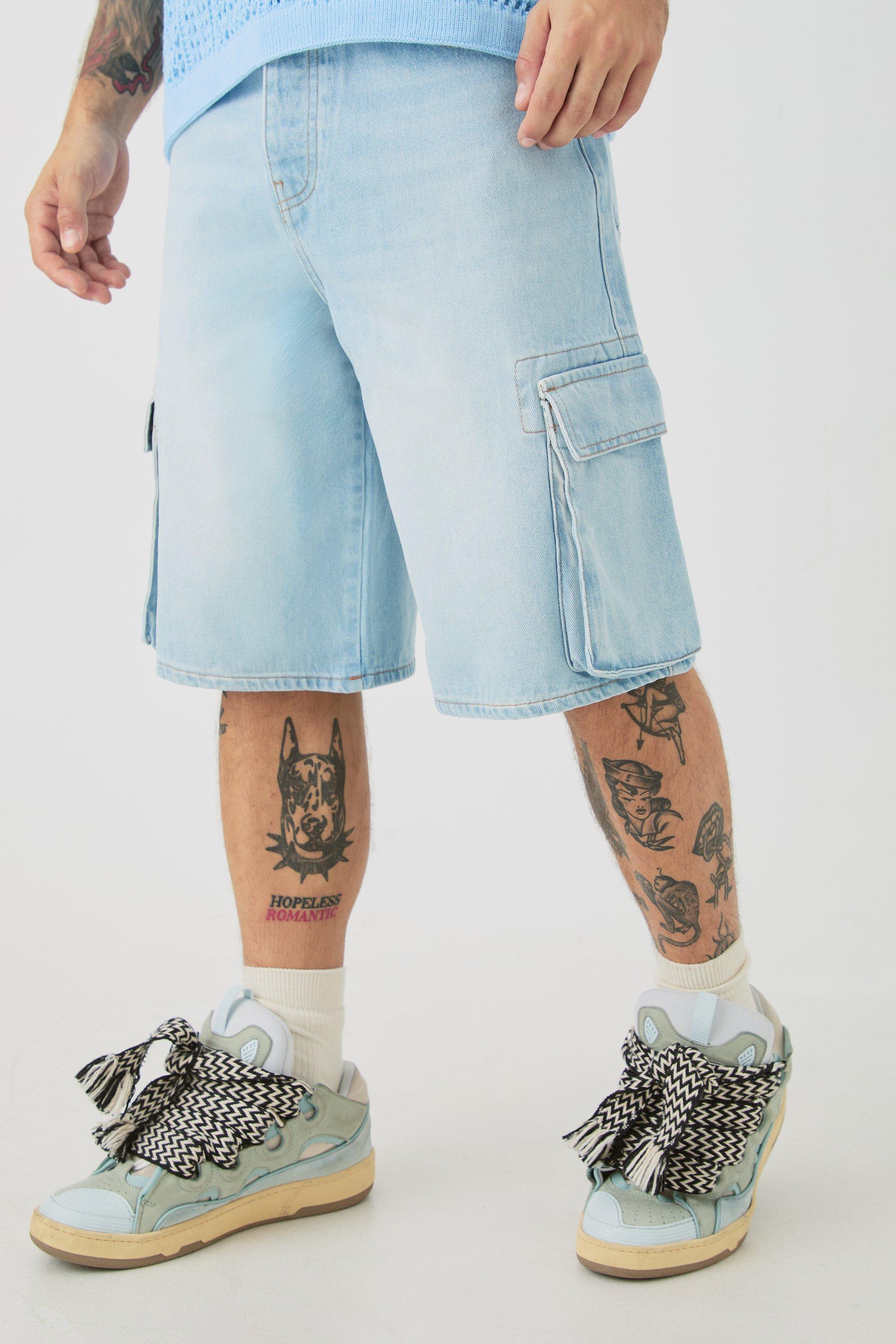 Mens Blue Regular Cargo Denim Jorts, Blue